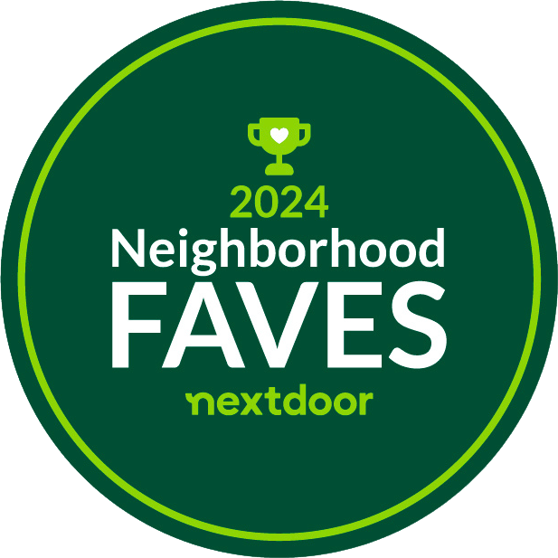 Green badge with a trophy icon, text reads "2024 Neighborhood Faves nextdoor" in white and green letters.