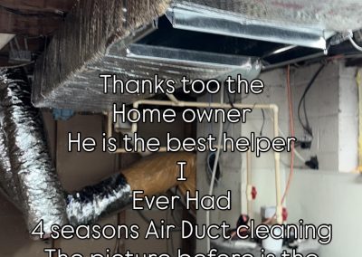 Exposed air ducts and pipes in a basement, with text about air duct cleaning and the homeowner's help.