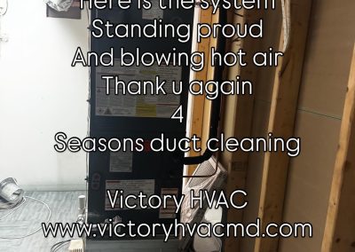 A heating and cooling system unit in a utility room, with promotional text over the image.