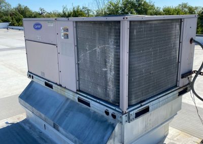A large rooftop HVAC unit sits on a flat roof under a clear blue sky.