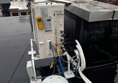 HVAC unit on a rooftop with cables, gauges, and buildings visible in the background on a rainy day.