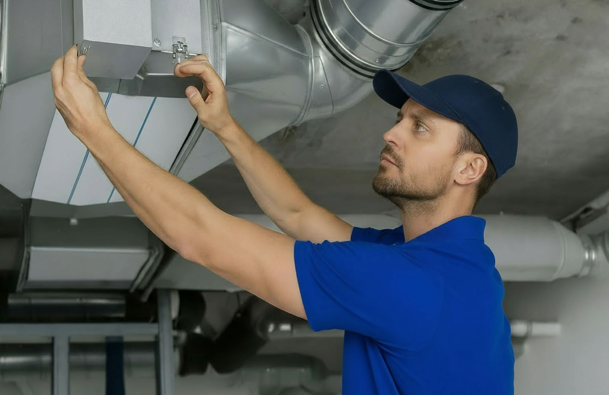 Man in blue uniform and cap adjusting a metal ventilation duct on a ceiling indoors.