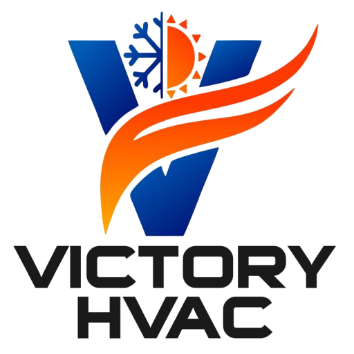 Victory HVAC logo with blue 'V', orange swoosh, and sun-snowflake symbol above black text.