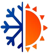 Half blue snowflake and half orange sun icon, representing cold and hot or heating and cooling.