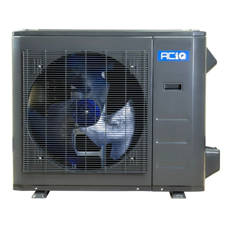 ACIQ 18.8 Seer Extreme, Inverter Driven Gray outdoor air conditioning unit with a visible fan behind a metal grille and a blue "ACiQ" logo, showcasing the reliable performance of the ACiQ 18 Seer Extrem series.