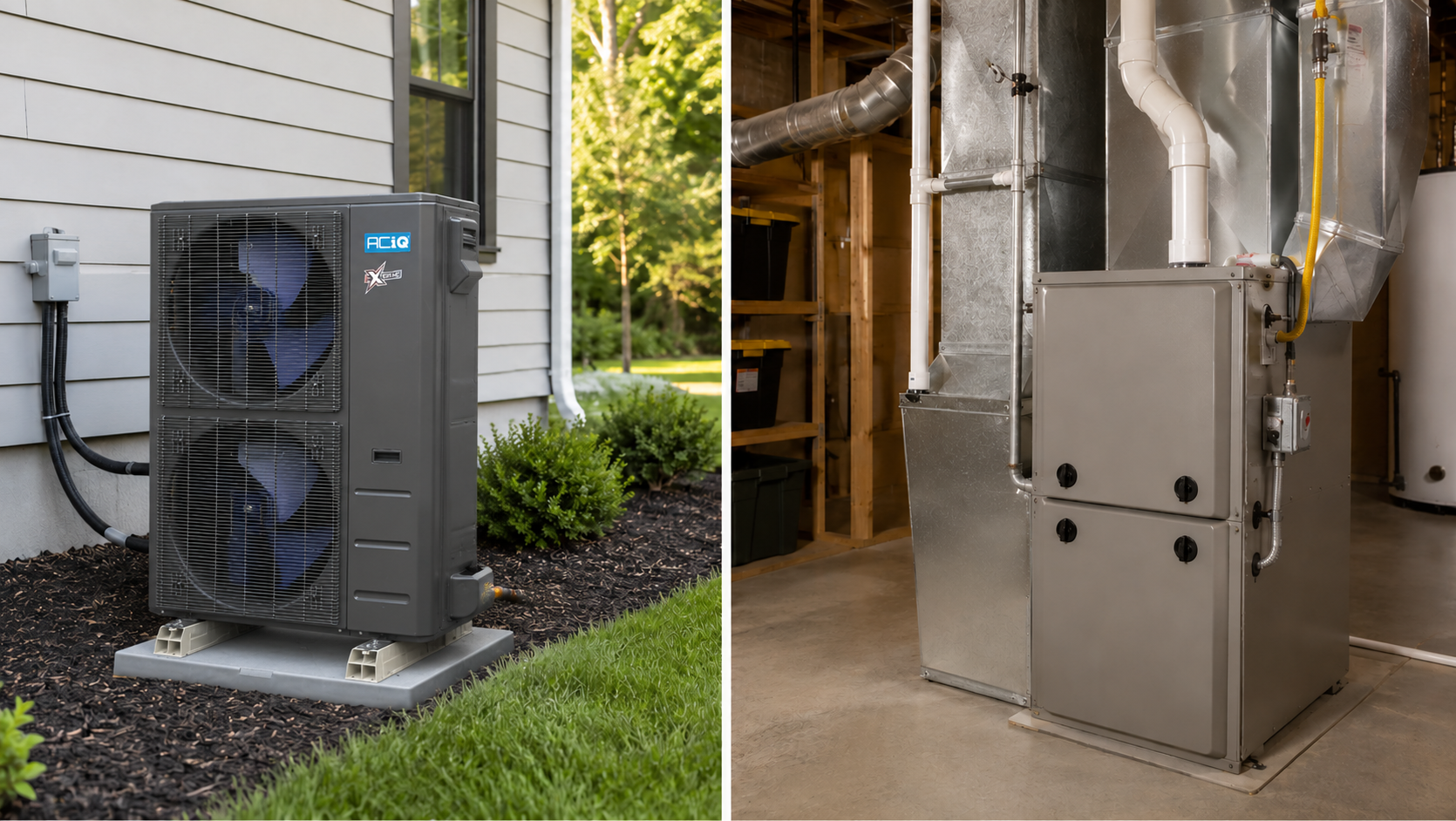 Split image: Outdoor heat pump unit by a house, and indoor HVAC system in a basement.